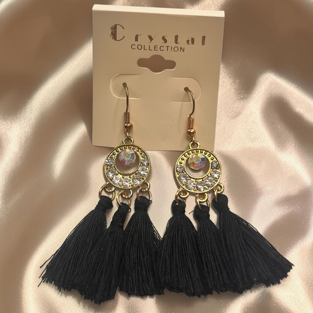 Bohemian Tassel Dangle Fringe Boho Black / Gold Earrings Crystal Collection